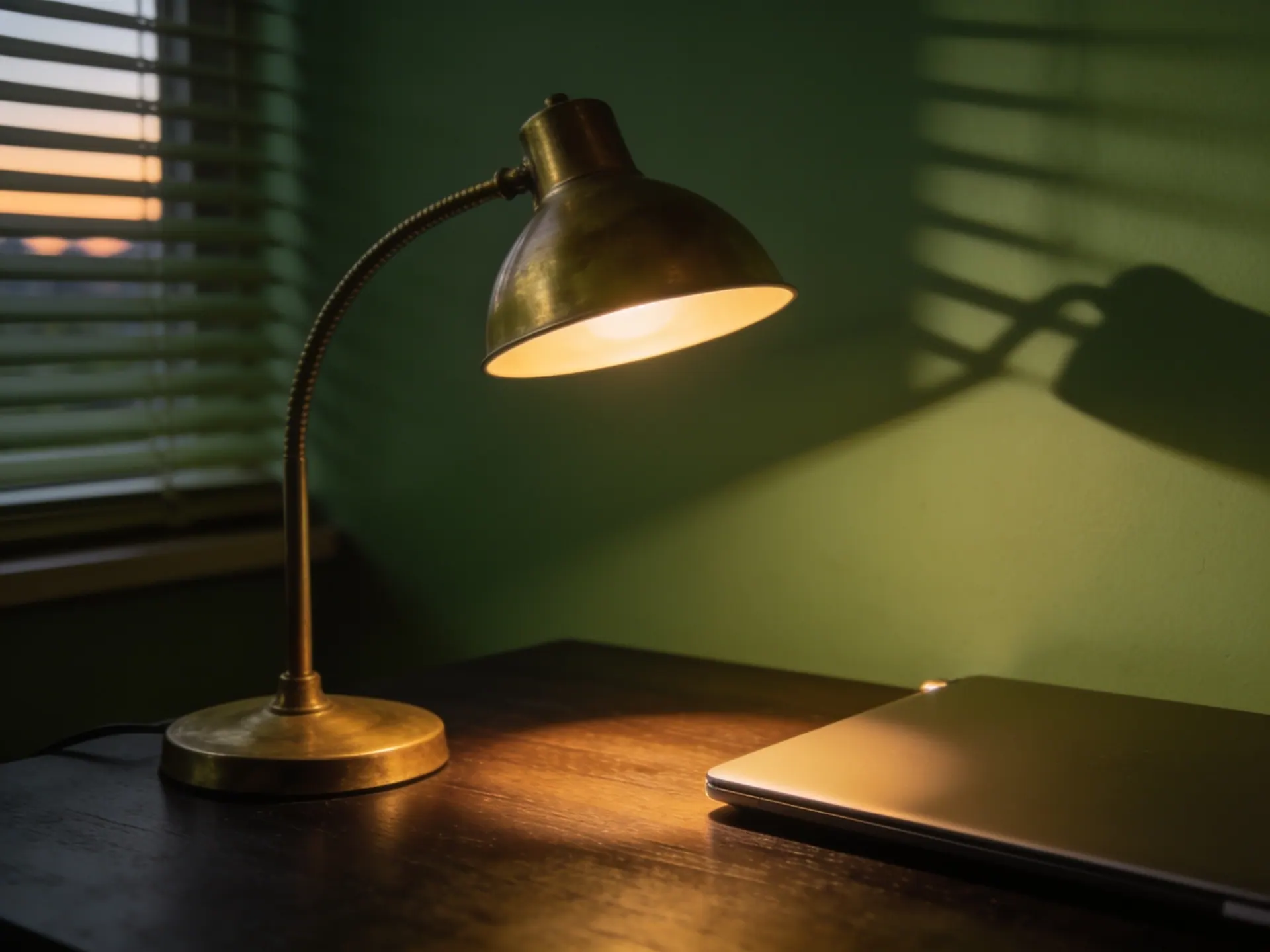 Luminária de latão acesa sobre uma mesa escura ao entardecer, com um notebook fechado ao lado