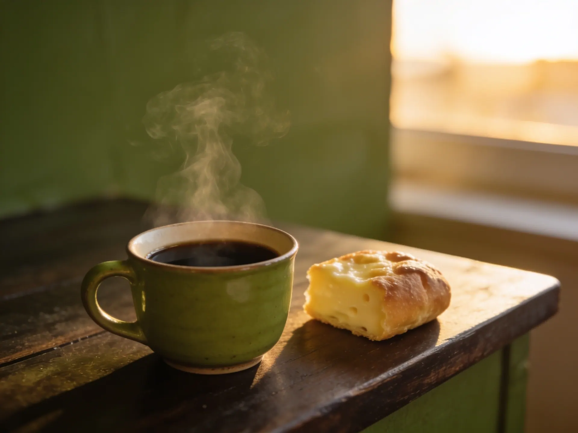 Xícara de café e um pedaço de pão de queijo num balcão de madeira ao amanhecer