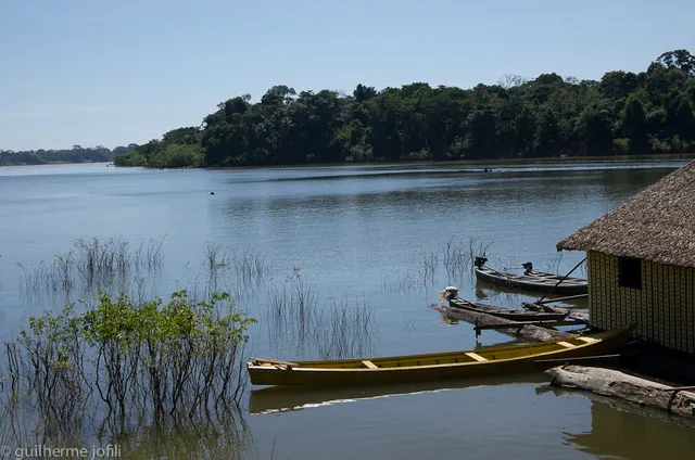 Rio Jamari, margem com canoas e casa